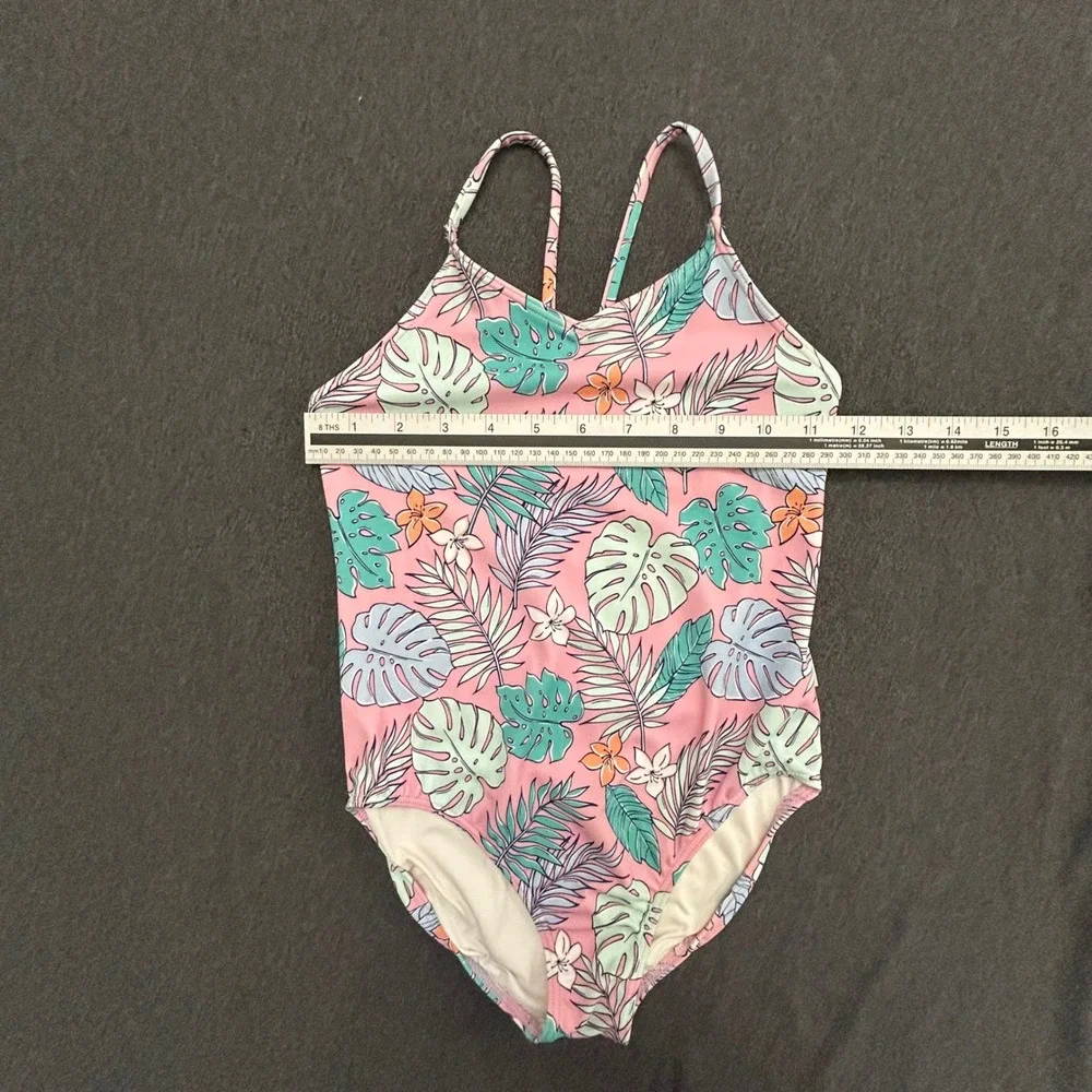 Quince Girls Size 7 One Piece Swimsuit Pink Tropical Leaf Floral Print